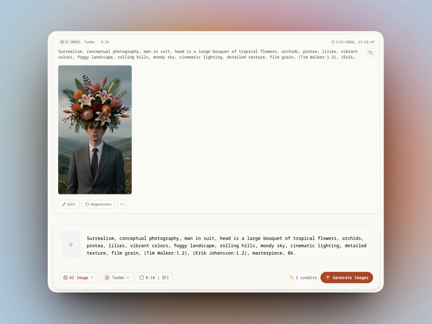 Prompt input on the left and a 2x2 grid of image results